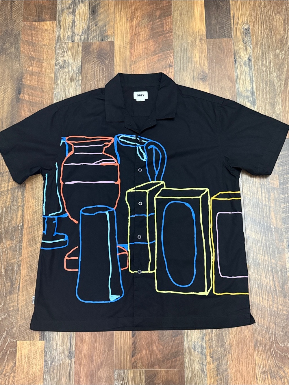 Obey Abstract Line Art Camp Collar Button Up Shirt Black Multicolor Size Large